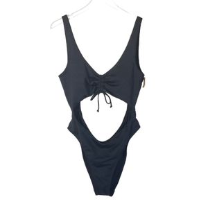PINK Victoria's Secret Black Ruched Front One Piece Cut Out Swimsuit Size XL New